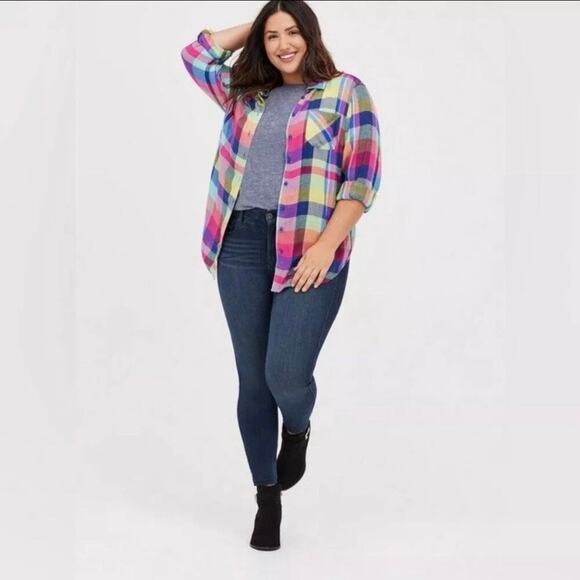 Torrid Bright Rainbow Plaid Brushed Fleece Button Up Shirt Sz.2 - Picture 2 of 13